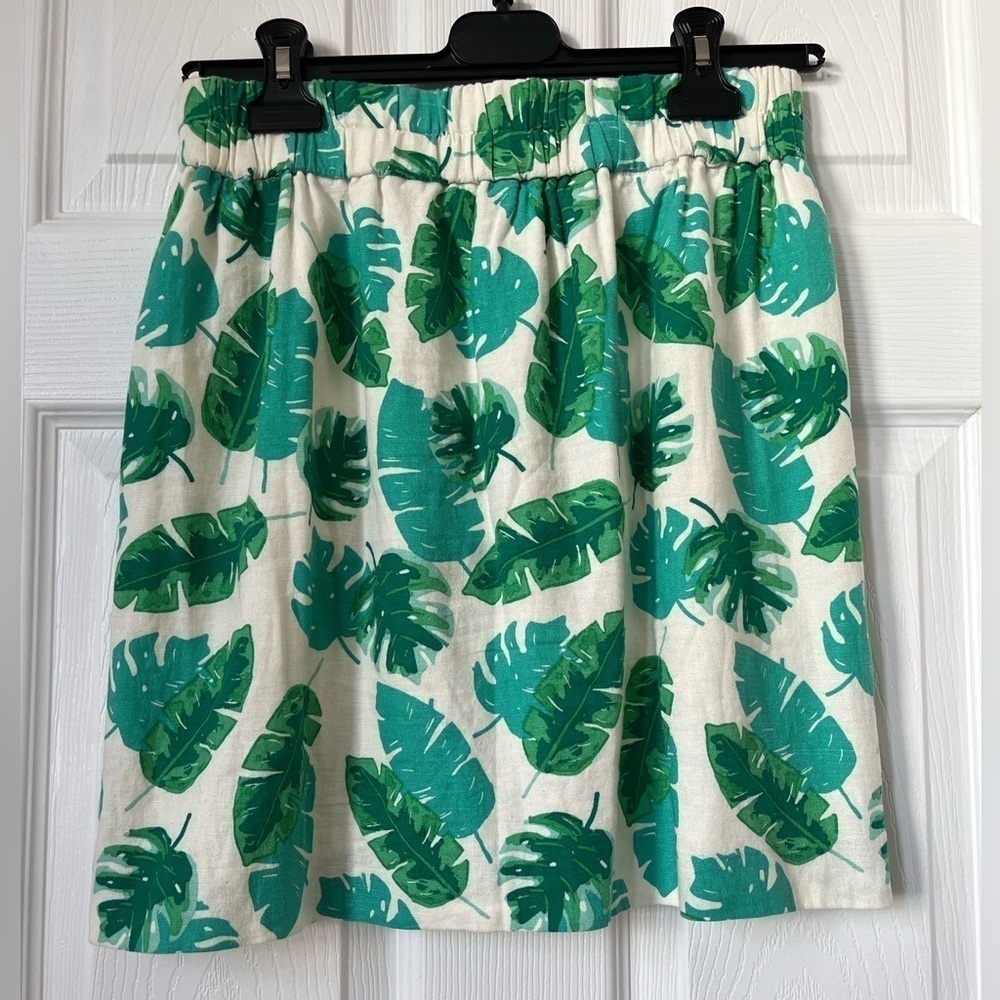 J Crew Linen Blend Skirt Palm Leaf Print White Green XS - Picture 2 of 6
